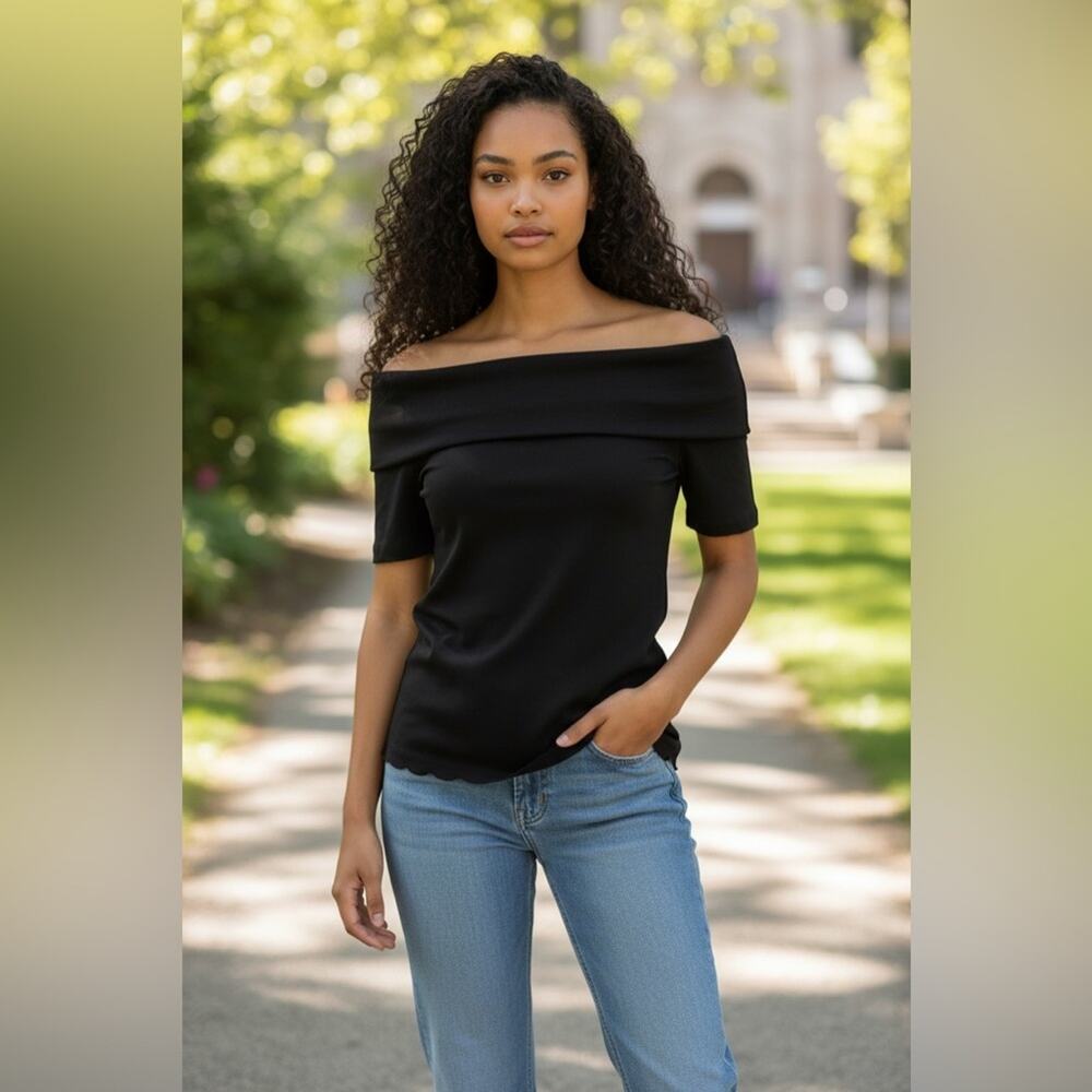 MNG Mango Structured Black Off-Shoulder Top Size Large All Cotton Chic Casual